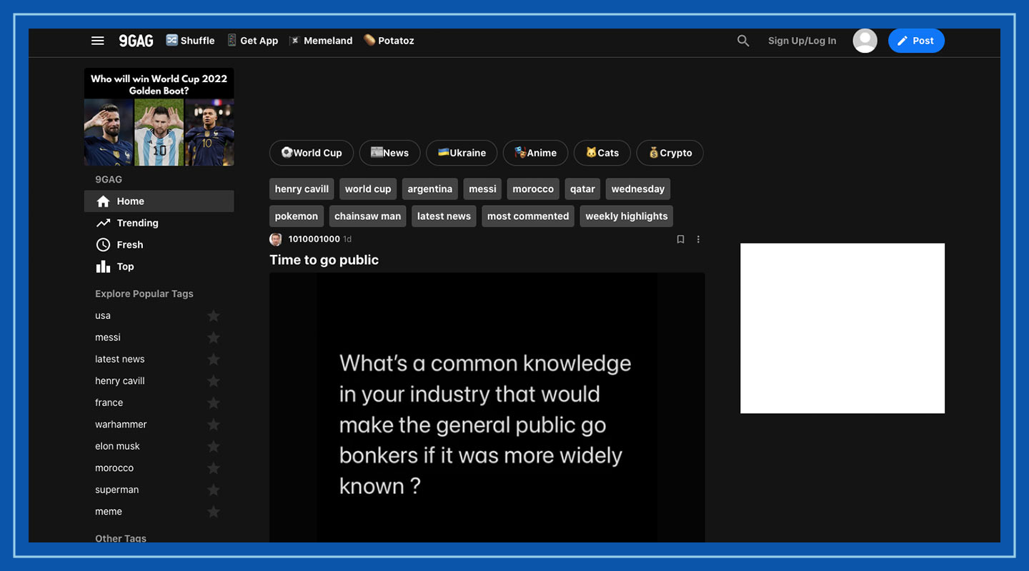 Screenshot of the 9GAG homepage.