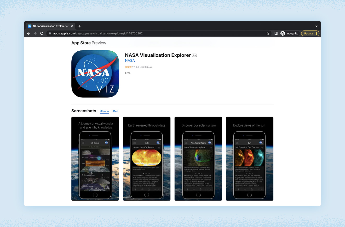 Screenshot of NASA Visualization Explorer app