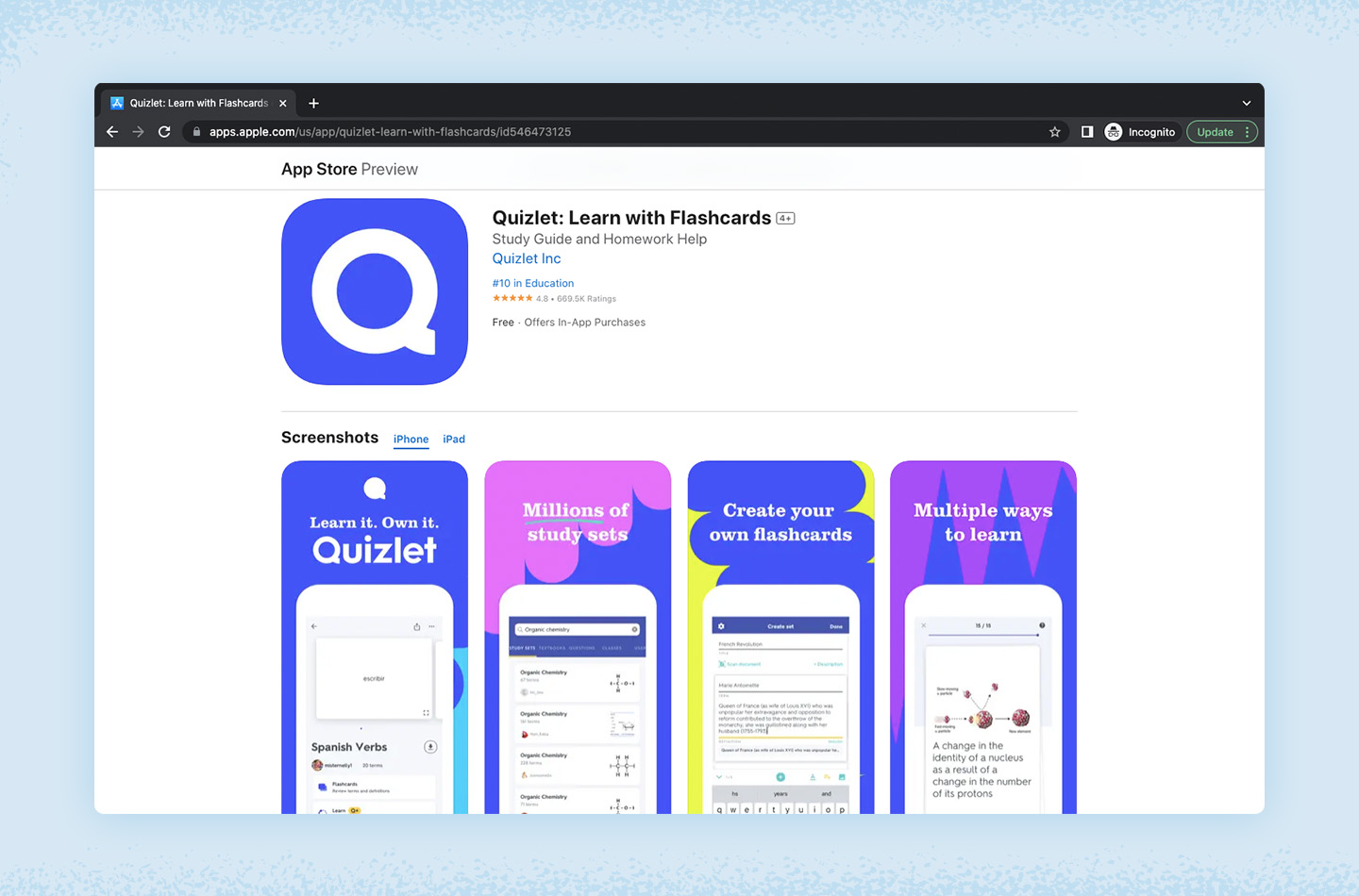 Screenshot of Quizlet app