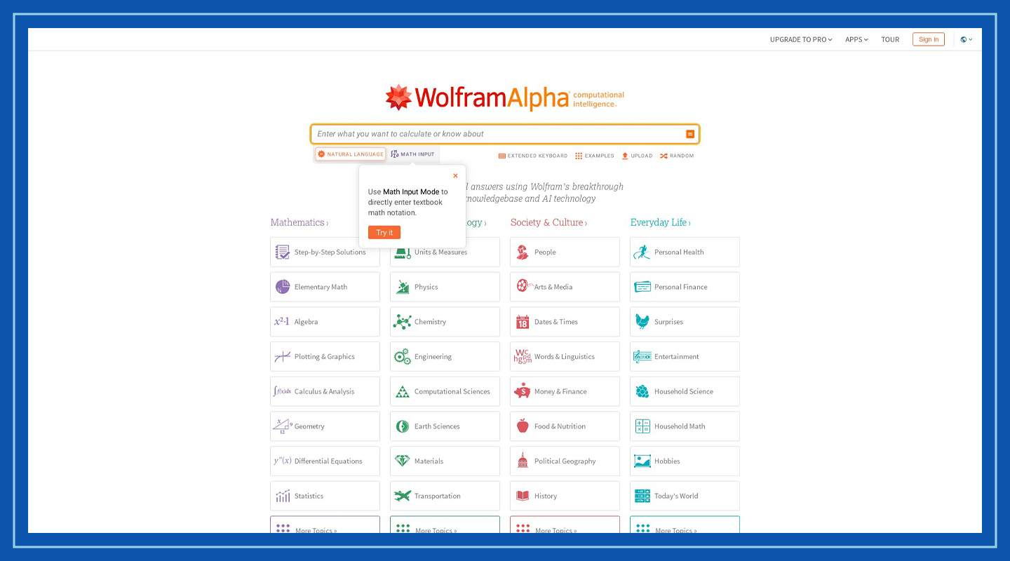 Homepage of Wolfram Alpha