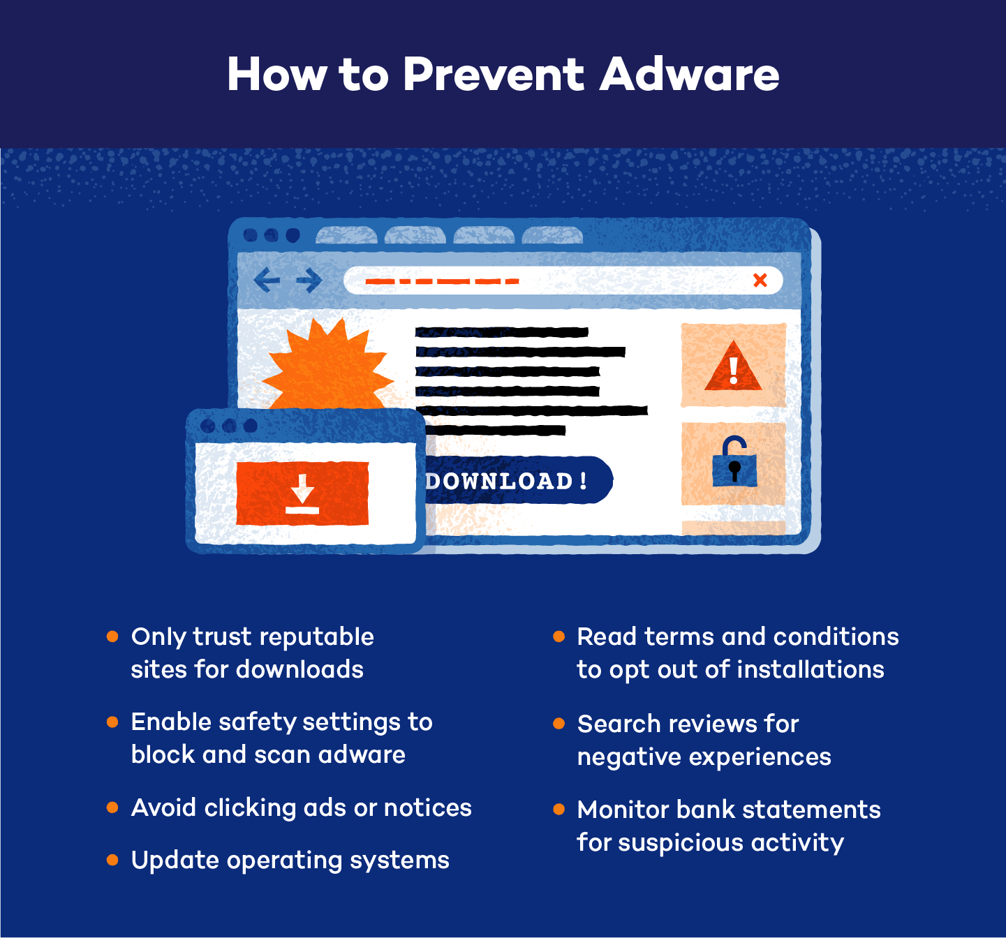 Two pop-up adware screens with the seven tips for preventing adware.